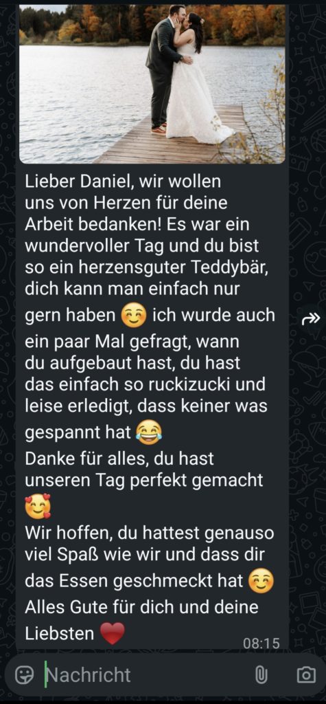 WhatsApp-Danksagung eines Brautpaars an Hochzeits-DJ Dan
