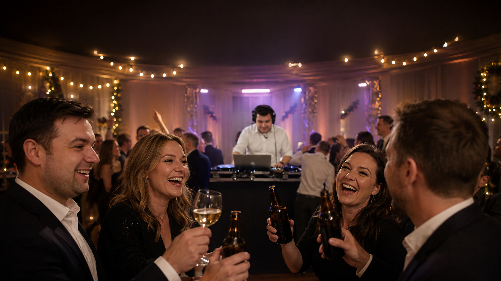 Ausgelassene Firmenweihnachtsfeier mit voller Tanzfläche und DJ am Mischpult im festlich beleuchteten Saal